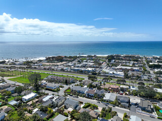 Fototapeta premium Aerial view of wealthy Encinitas town with blue ocean in San Diego, South California, USA. 