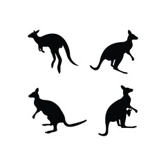 Kangaroo Silhouette Vector Set Featuring Realistic Black Illustrations in Various Poses Including Sitting, Standing, Lying, and Jumping Isolated on White Background