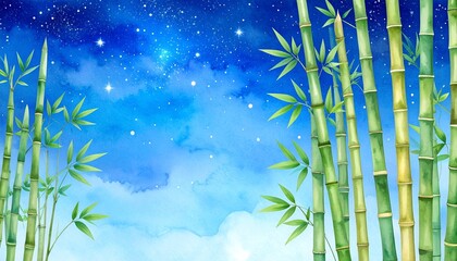 Bamboo watercolor bamboo night sky background illustration