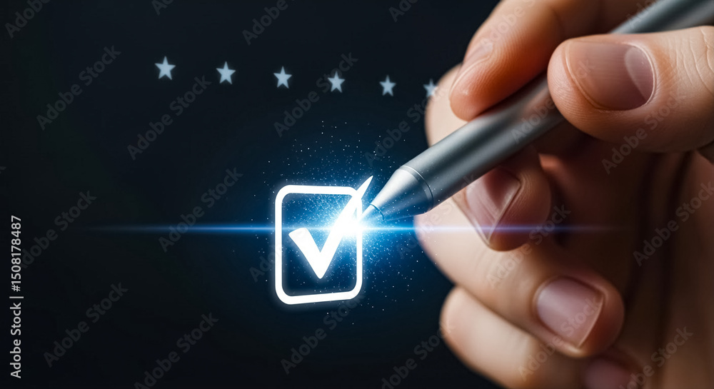 Poster pen signing checkmark on business document with stars in background