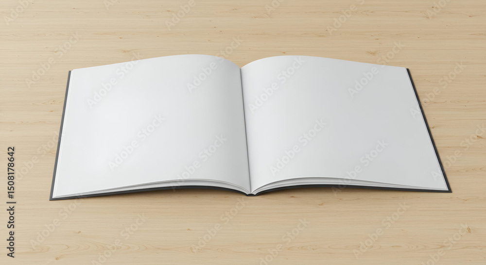 Poster open book with blank pages on a light beige wooden surface. open publication displayed in a studio s