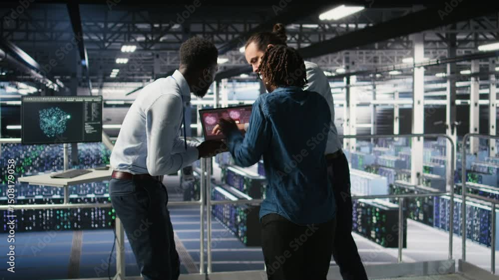 Poster worried workers trying to fix hacked infrastructure systems. panicked engineers in data center react