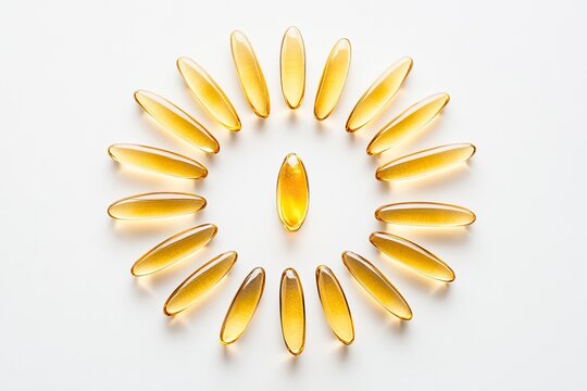 Golden oval capsules arranged in a sunburst pattern