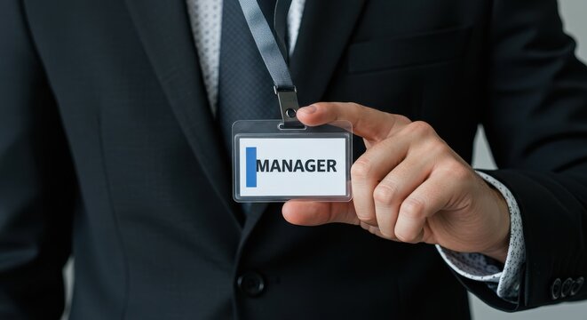 Manager badge identity position business leadership responsibility organization strategy professional executive label role office success corporate