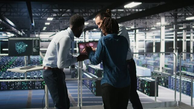 Worried workers trying to fix hacked infrastructure systems. Panicked engineers in data center react to ransomware warning on laptop screen, scrambling to launch emergency response protocol, camera A