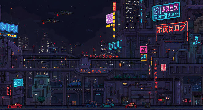 Pixel Art Night Cityscape with Elevated Roads, Glowing Ads, and Futuristic Architecture