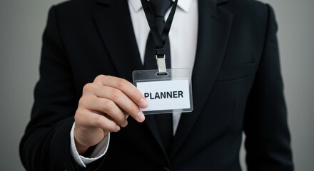 Planner badge business role identity label corporate event scheduling strategy management responsibility professional coordination timeline name