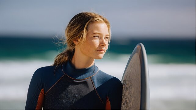 Young woman surfer with surfboard on sandy beach looking towards ocean on sunny day