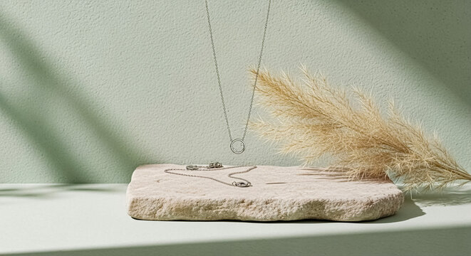 Necklace and pendant on stone platform with pampas grass
