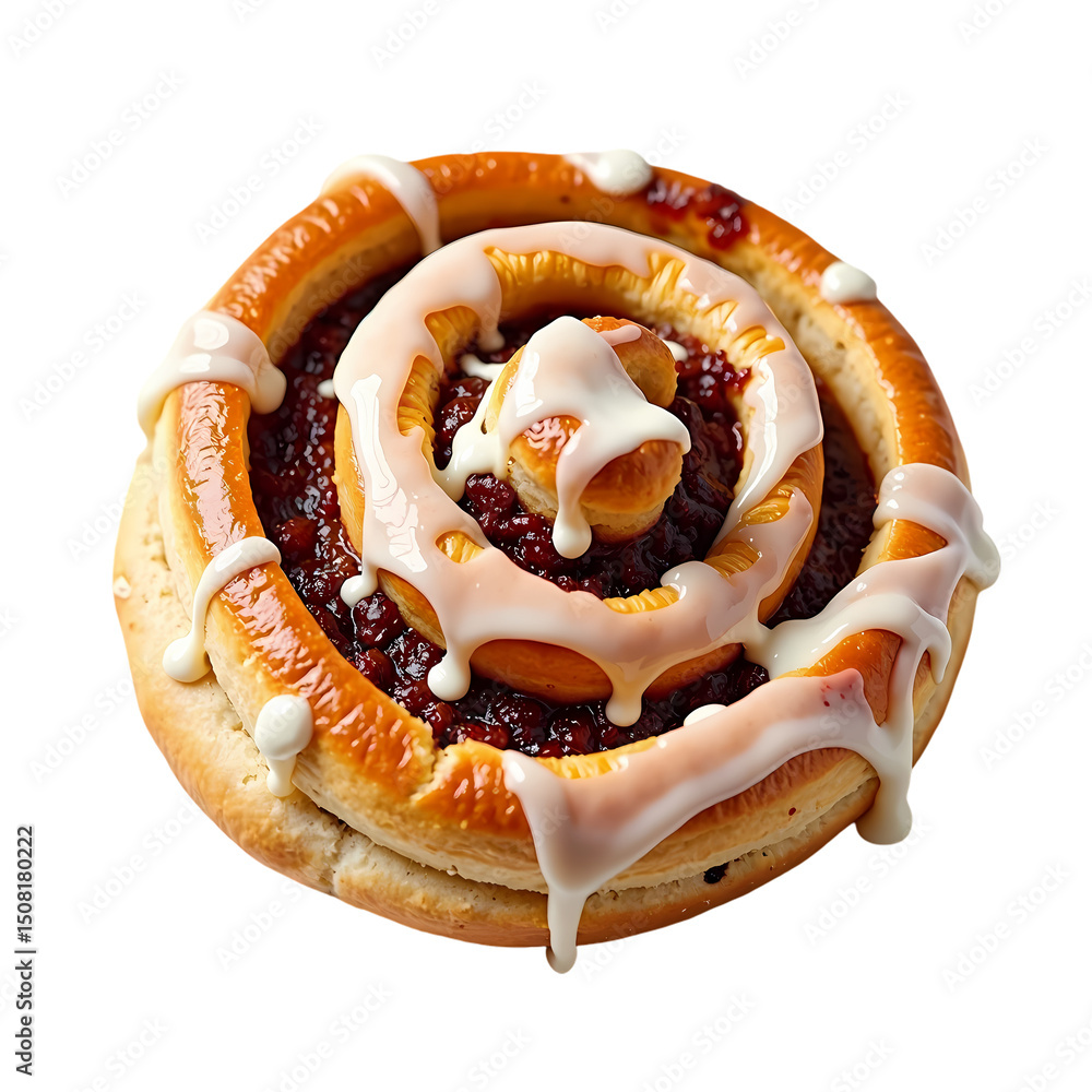 Poster a close up shot of a cinnamon roll with red filling and white icing on a black background view from 