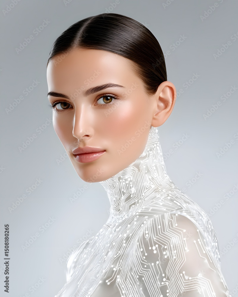 Aufkleber futuristic fashion portrait of a woman in a translucent nano-fabric bodysuit with embedded circuit p
