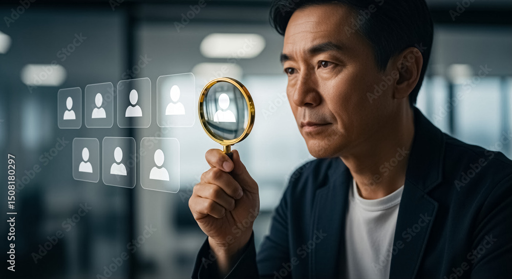 Aufkleber man with magnifying glass analyzing business data in professional workspace