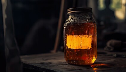 A glass jar, filled with amber liquid, has a yellow sticker with the word "FAKE" on it