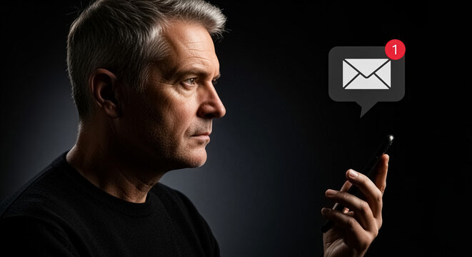 Man with smartphone receiving business notification in dark environment