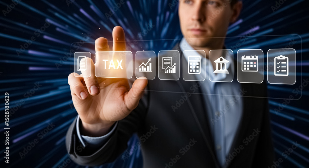 Aufkleber man interacting with digital interface displaying tax data and business analytics visuals