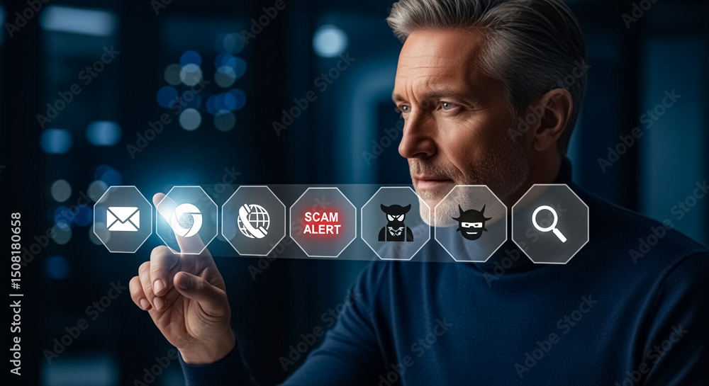 Poster man interacting with digital icons and scam alert for online security