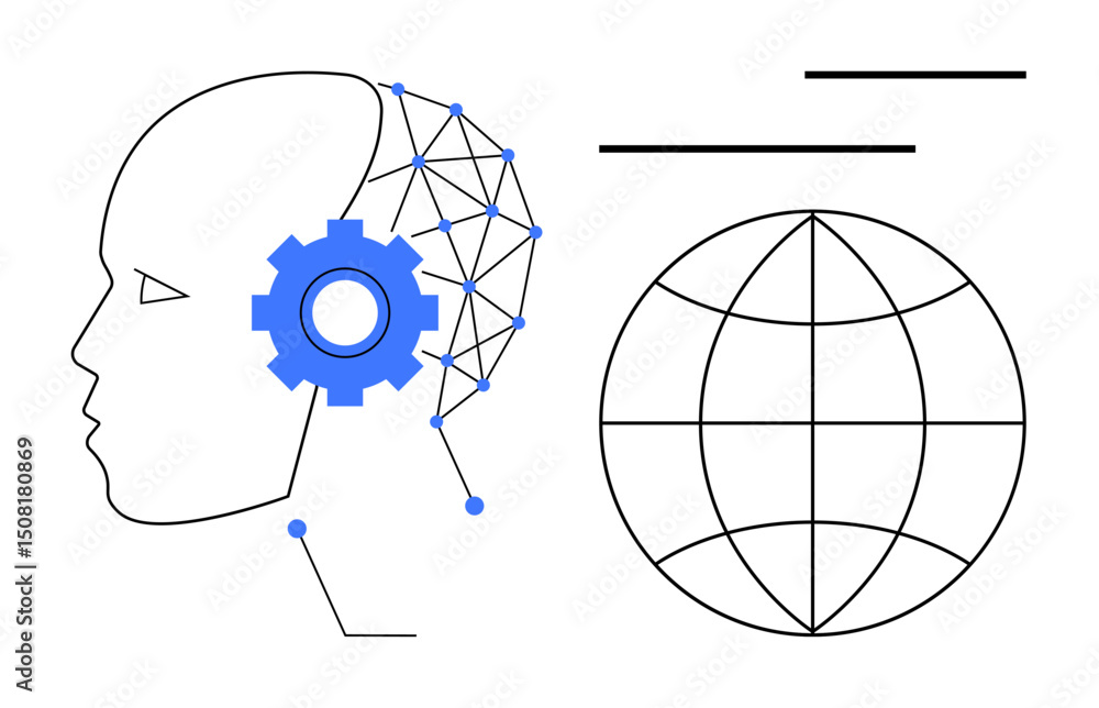 Poster minimalist design of a human profile with a cog and neural network, connected to a globe icon. ideal