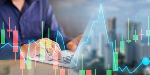 Businessman using laptop to analyze business growth trends at desk, financial report, business...