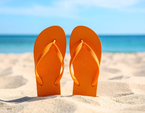 Bright orange flip-flops in beach sand, ocean background - Powered by Adobe