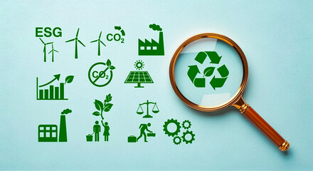 Magnifying glass focusing on environmental sustainability icons and symbols showing green energy and recycling concepts