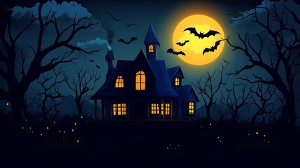 Dark haunted house at night under a full moon.