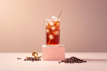 Iced coffee in a tall glass, with ice cubes and a gold straw, on a blush pink podium, amongst coffee beans and a spoon