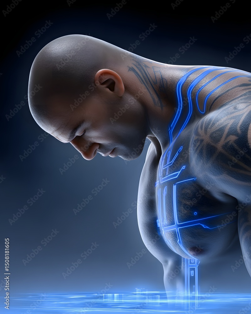 Poster neural hacker with glowing brain-interface tattoos, typing on a holographic keyboard in a dimly lit,