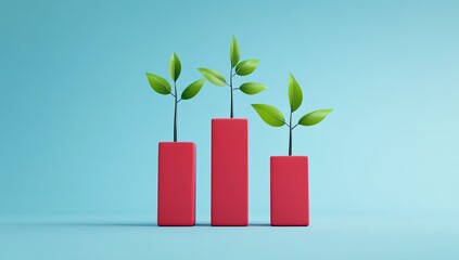 Three red columns, growing plants atop, on light blue background