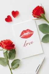Romantic flat lay featuring red roses, heart-shaped petals, a love note with kiss mark, and a silver pen, creating a heartfelt atmosphere for special occasions