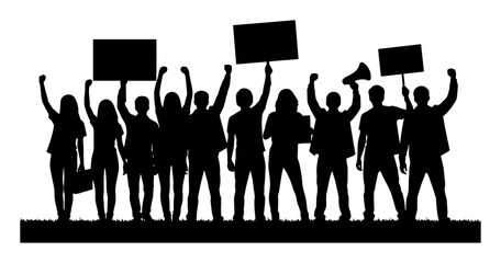 crowd of protesters holding signs vector silhouette