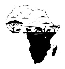 africa map with animals and tree silhouette © Mago