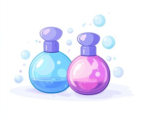 Two round perfume bottles, light blue and pink, with bubble background