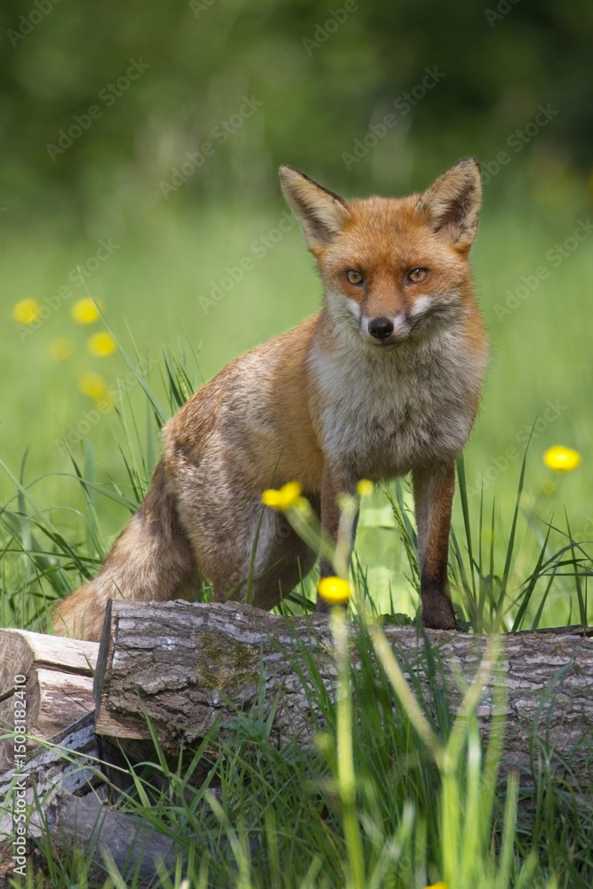 Poster a close up portrait of an alert red fox, vulpes. It stands on a old tree trunk in a field and is surrounded by out of focus yellow buttercups