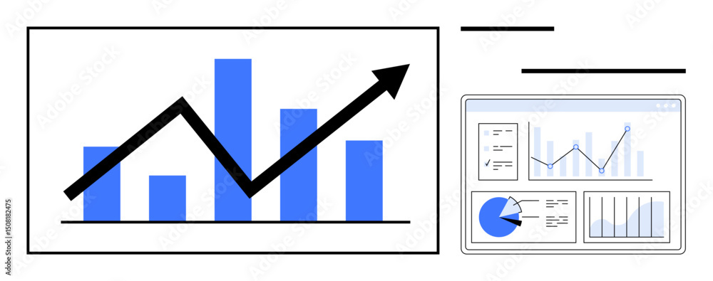 Aufkleber bar chart with upward trend arrow and detailed data dashboard featuring pie charts, graphs, and key 