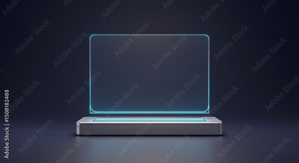 Poster empty display podium with glowing light, futuristic design in dark setting. modern product showcase 