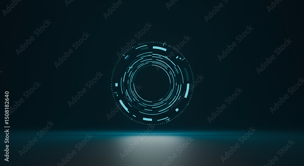 Poster abstract graphic design with glowing teal concentric circles and lines in a dark background. geometr