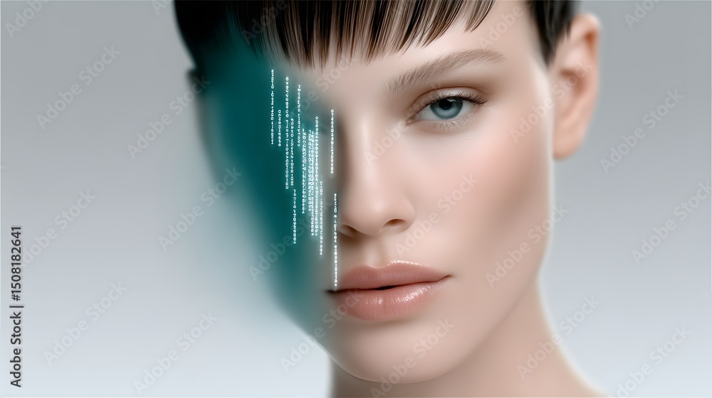 Poster portrait of an ai-generated digital entity, its translucent form flickering between existence and da