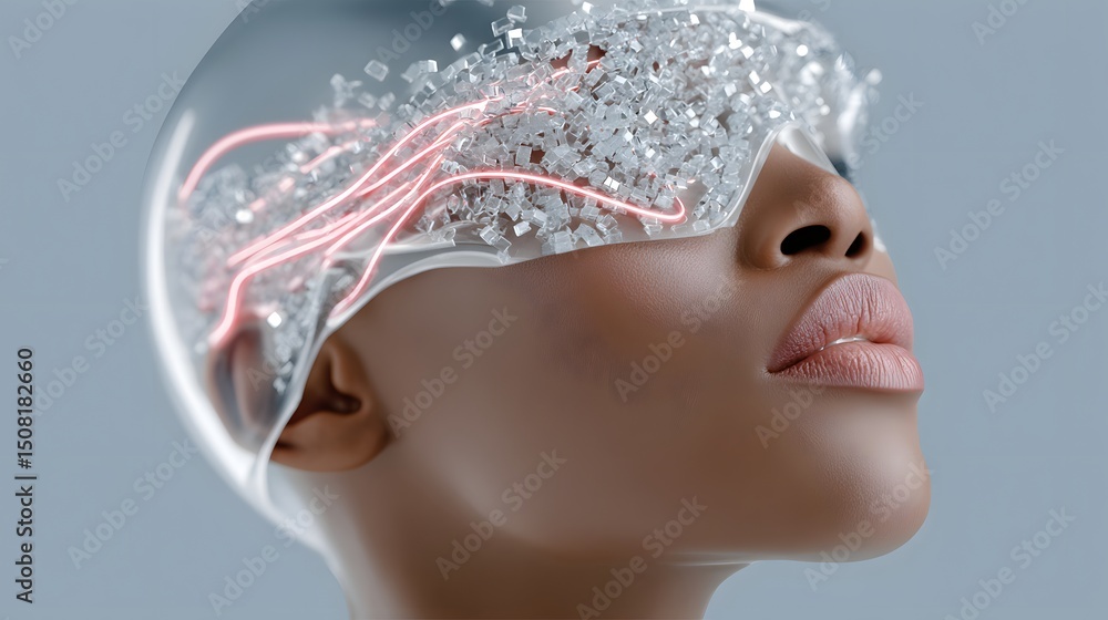 Poster portrait of an ai-generated digital entity, its translucent form flickering between existence and da