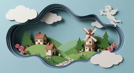 Obraz premium Charming papercraft village landscape with windmill and cherub
