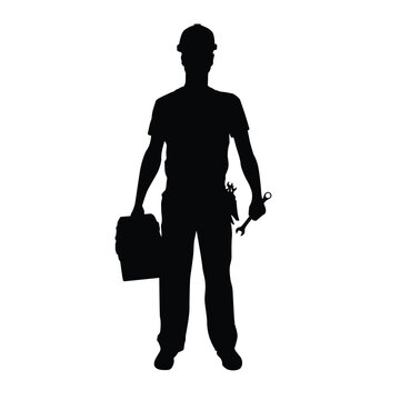 recommend clip art: Silhouette of a worker wearing a hard hat, holding a toolbox and wrench, ready for repair work