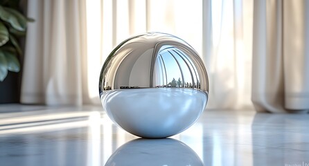Reflective metallic sphere mockup with white base on marble floor

