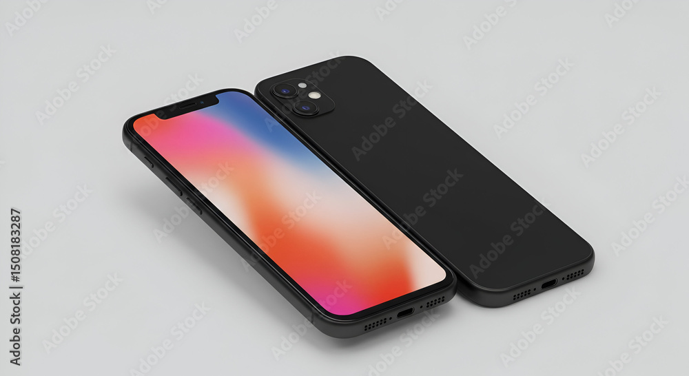Poster black smartphone mockup with vibrant gradient display, angled on a light gray surface. modern mobile
