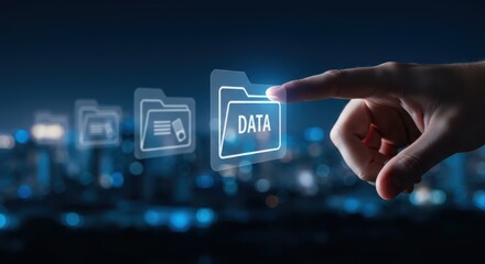 Data management and analysis with digital file folder interface in futuristic technology environment overlooking modern city