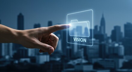 Vision planning with futuristic digital file folder interface and cityscape background for strategic business direction