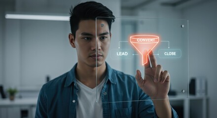 Sales funnel strategy showing conversion process from lead to close with businesswoman using digital interface for marketing insight