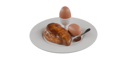 Breakfast Plate with Croissant and Eggs isolated on white background