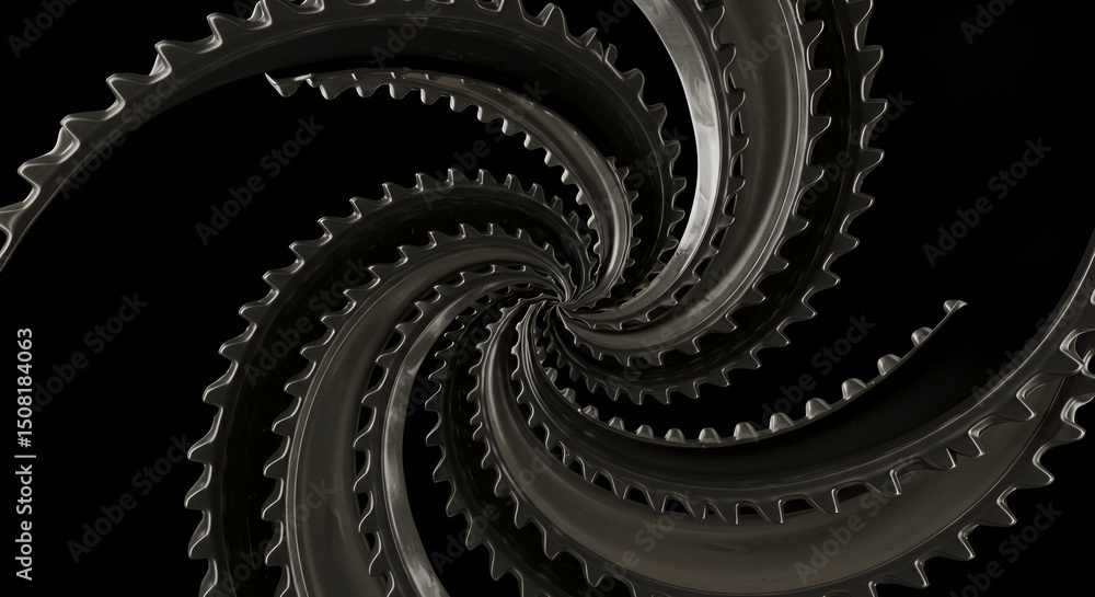 Poster Abstract spiral of interlocking gears in dark gray/black on black background. Complex, dynamic design with overlapping circular elements.
