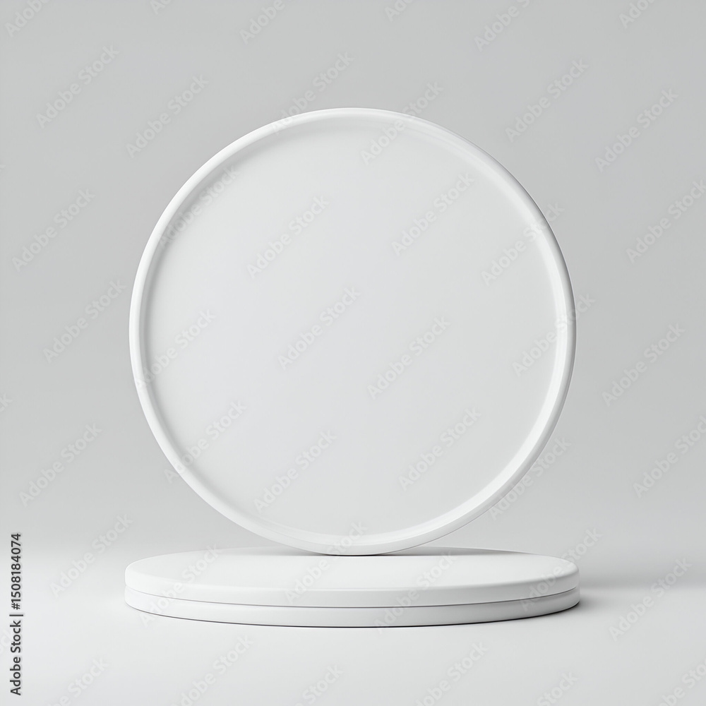 Poster empty white circular platform with stacked discs on a neutral background. minimalist display podium 