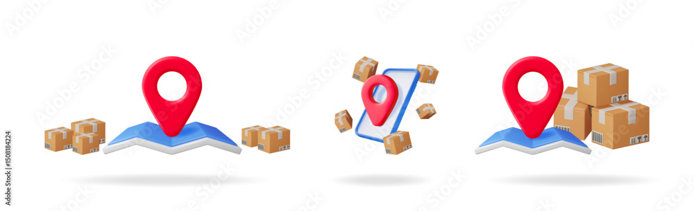 Poster 3d vector delivery set with map pointer, smartphone and cardboard box for tracking shipping and logi