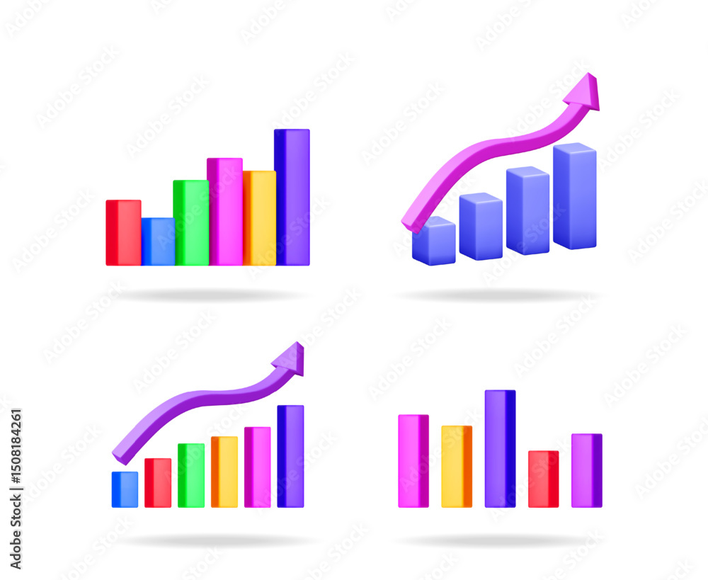 Poster color bar chart set for business analysis. graph with arrow up for financial data. 3d vector illustr